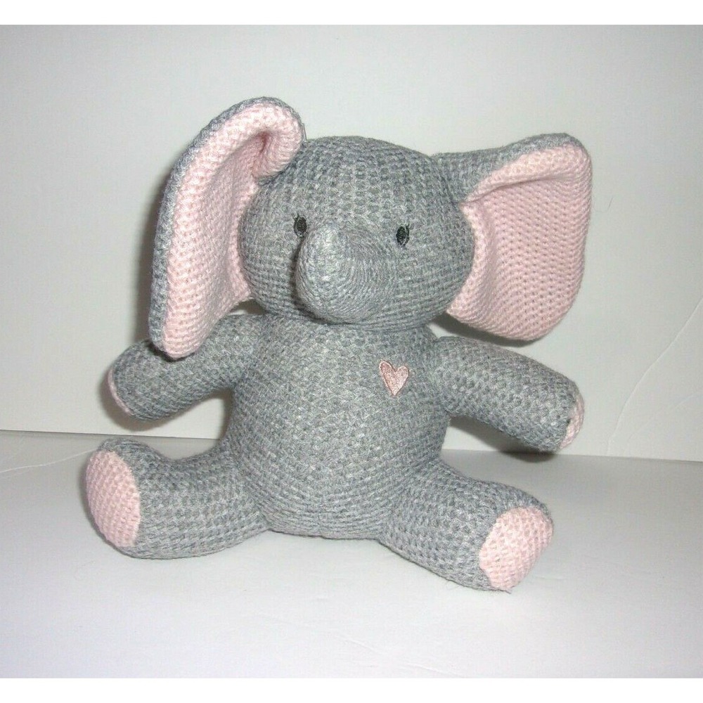 Modern Baby Gray Elephant Knit Plush Rattle Pink Ears Heart Sitting Toy 8"